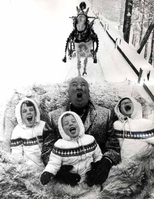 Alfred Hitchcock on a sleigh ride with his grandchildren.