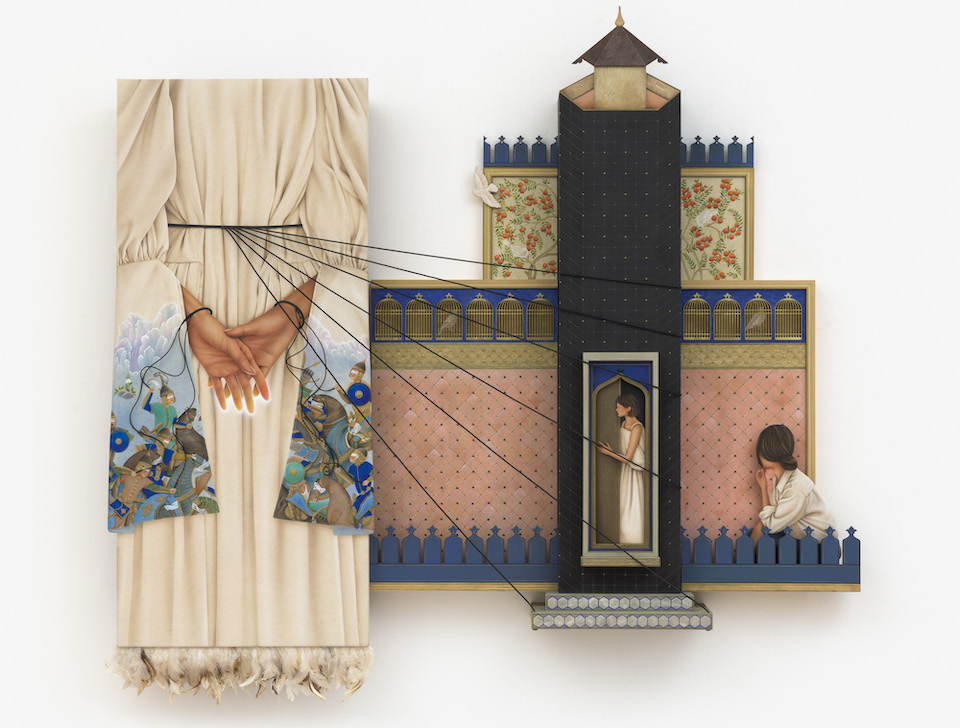 Arghavan Khosravi, The Battleground, 2022. Acrylic on canvas over shaped wood panel, on wood panel and wood cutout, elastic cord, metal and glass beads, feather, brass. 63 x 53 in. © Arghavan Khosravi.Photo Credit: Arghavan Khosravi and Rachel Uffner Gallery, New York.